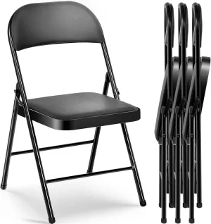 Upgrade 4 Pack Folding Chair with Cushion Heavy Duty Folding Chair for Outside and Indoor Padded Vinyl Folding Chairs Durable Steel Frame for Home and Office Party, Black