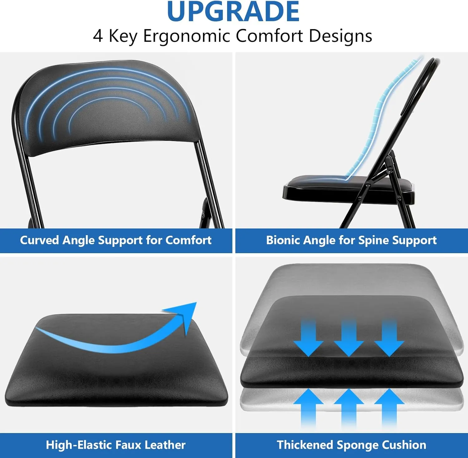 Upgrade 4 Pack Folding Chair with Cushion Heavy Duty Folding Chair for Outside and Indoor Padded Vinyl Folding Chairs Durable Steel Frame for Home and Office Party, Black