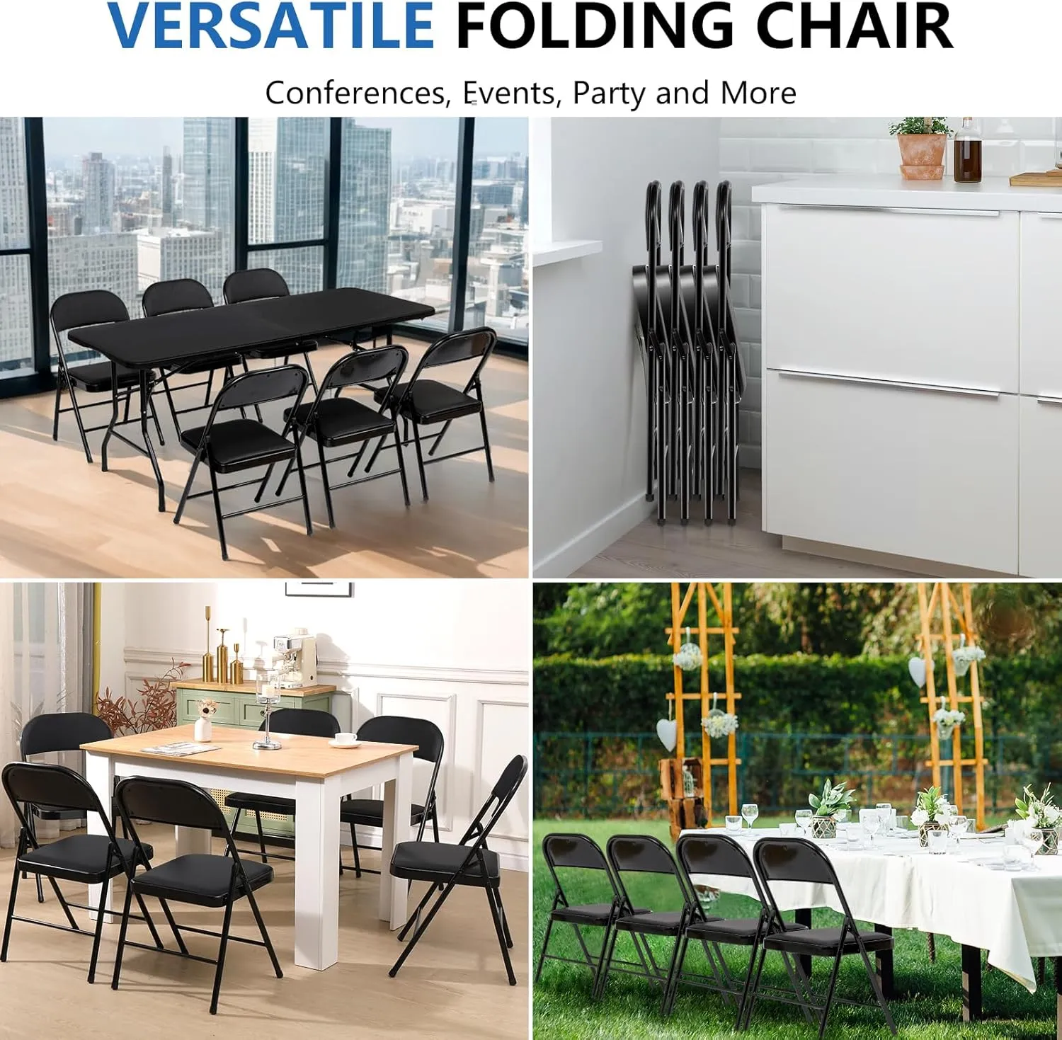 Upgrade 4 Pack Folding Chair with Cushion Heavy Duty Folding Chair for Outside and Indoor Padded Vinyl Folding Chairs Durable Steel Frame for Home and Office Party, Black