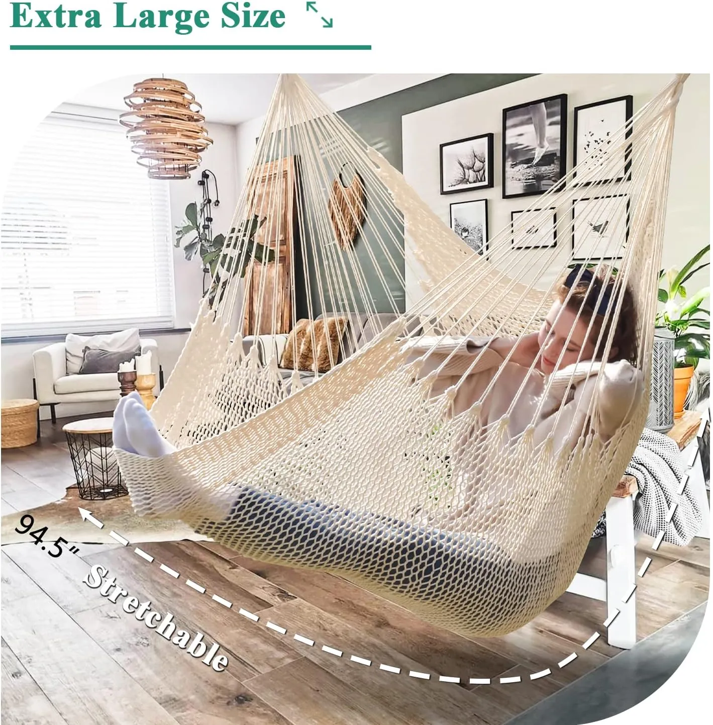Upgraded Caribbean Hammock Chair with Detachable Metal Bar, Large Hammock Swing Chair, XL Rope Hanging Chair for Outdoor Indoor, 330 LBS Weight Capacity, Seashell
