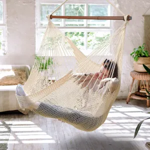 Upgraded Caribbean Hammock Chair with Detachable Metal Bar, Large Hammock Swing Chair, XL Rope Hanging Chair for Outdoor Indoor, 330 LBS Weight Capacity, Seashell