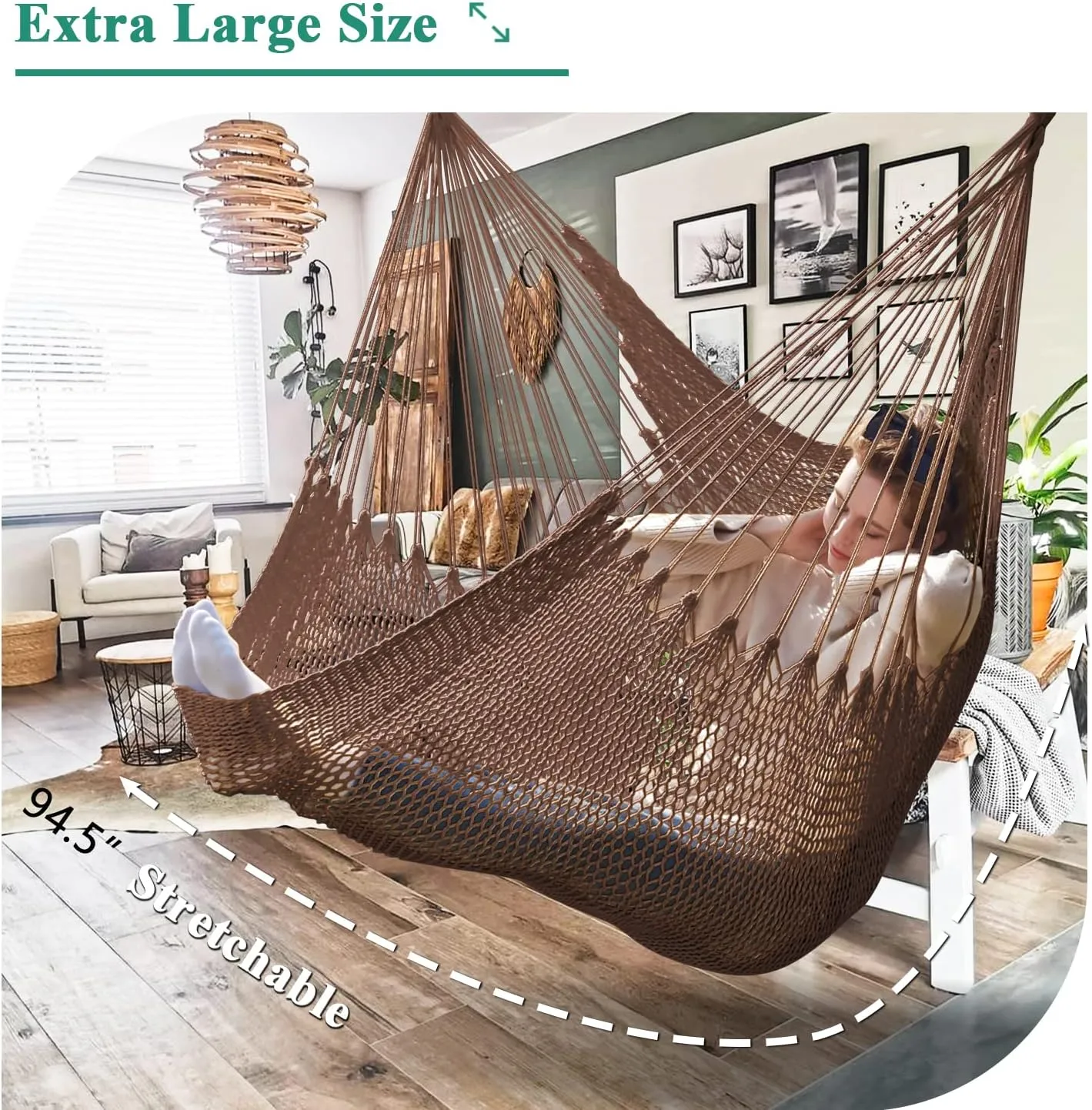 Upgraded Caribbean Hammock Chair with Detachable Metal Bar, Large Hammock Swing Chair, XL Rope Hanging Chair for Outdoor Indoor, 330lbs Weight Capacity, SaddleBrown
