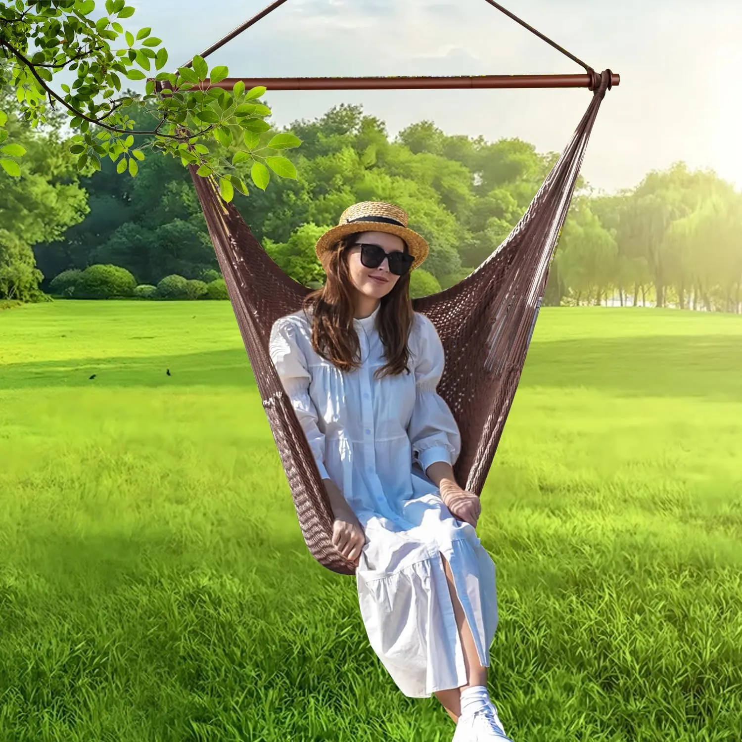 Upgraded Caribbean Hammock Chair with Detachable Metal Bar, Large Hammock Swing Chair, XL Rope Hanging Chair for Outdoor Indoor, 330lbs Weight Capacity, SaddleBrown