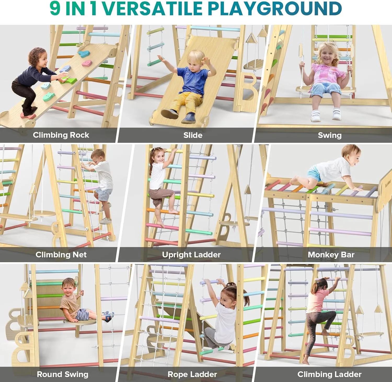 Upgraded Indoor Playground 9-in-1 Jungle Gym Kids Climbing Toys, Montessori Philosophy Waldorf Style Wooden Climber Playset with Slide, Swing, Monkey Bars, Upright/Rope Ladder, Climb Net, Rainbow