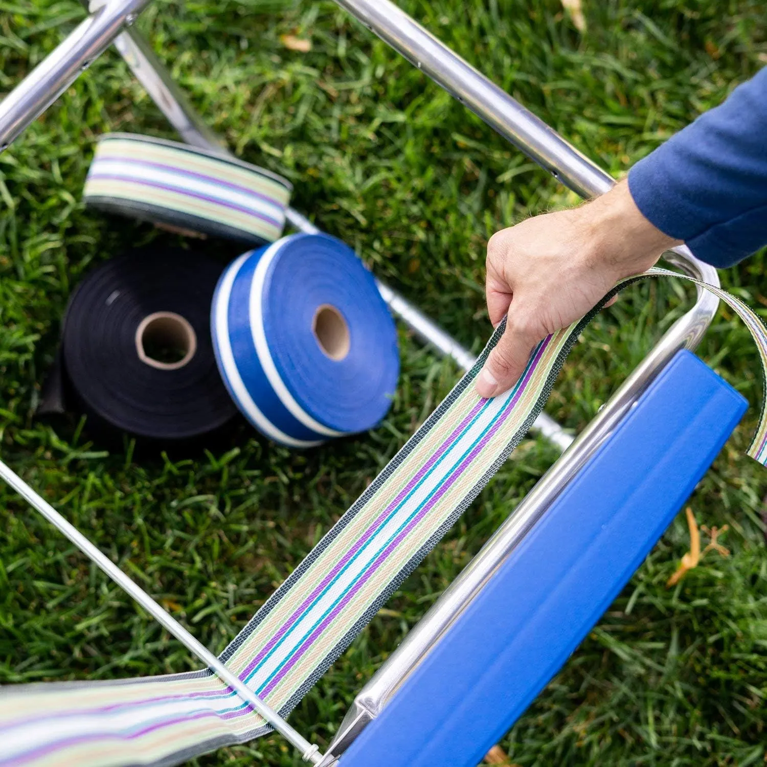 USA Chair Replacement Webbing - UV-Resistant Straps Made with Durable Polypropylene. Chair Webbing Kit (3" x 150', Sea Island Blue)