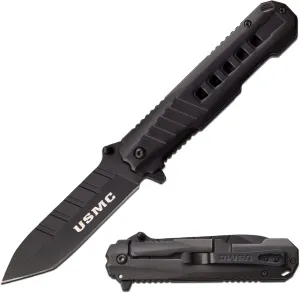 USMC - Spring Assisted Open Folding Knife - Black Stainless Steel Tanto Blade, Frame Lock, Black Stainless Steel Handle w/USMC Pocket Clip - US Marines, Tactical, EDC, Self Defense - M-A1061BK