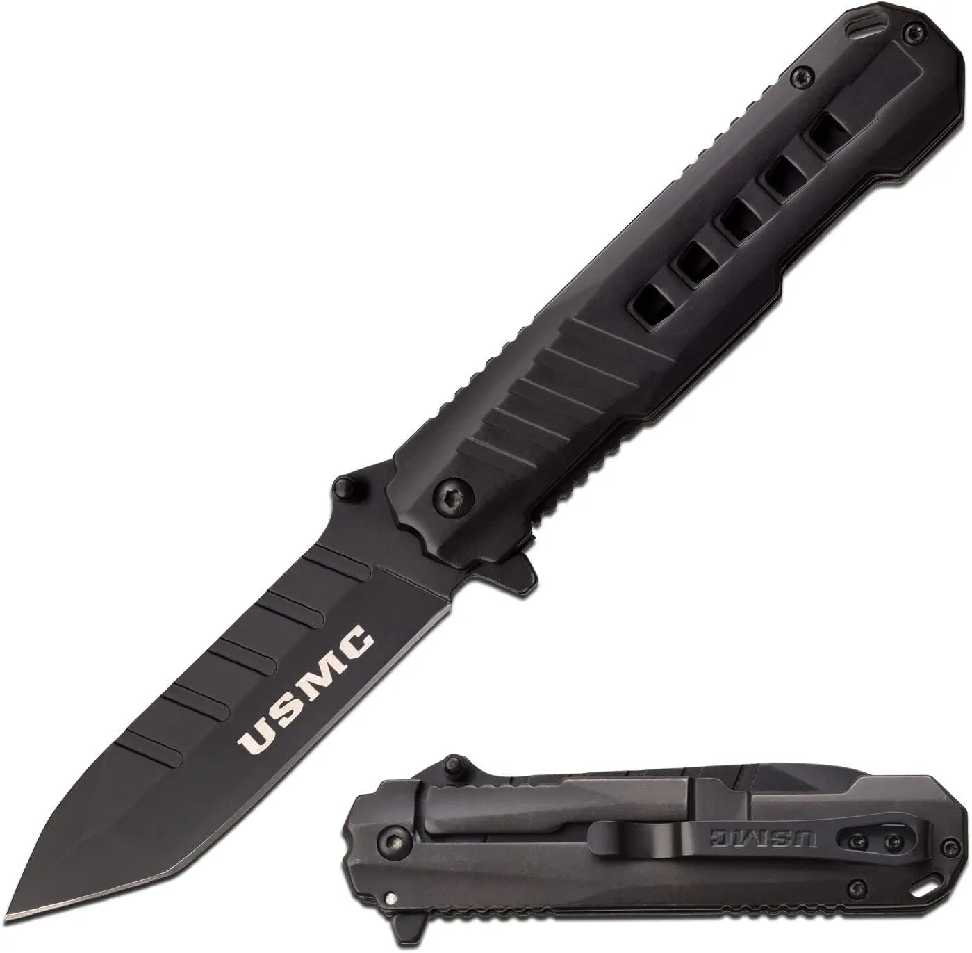 USMC - Spring Assisted Open Folding Knife - Black Stainless Steel Tanto Blade, Frame Lock, Black Stainless Steel Handle w/USMC Pocket Clip - US Marines, Tactical, EDC, Self Defense - M-A1061BK