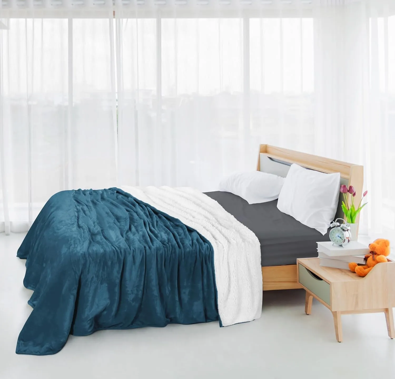 Utopia Bedding Sherpa Blanket Queen Size (Stone Blue, 90x90 Inches) - Soft Lightweight Plush Fleece Reversible Blanket for Bed, Sofa, Couch, Camping and Travel