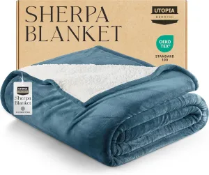 Utopia Bedding Sherpa Blanket Queen Size (Stone Blue, 90x90 Inches) - Soft Lightweight Plush Fleece Reversible Blanket for Bed, Sofa, Couch, Camping and Travel