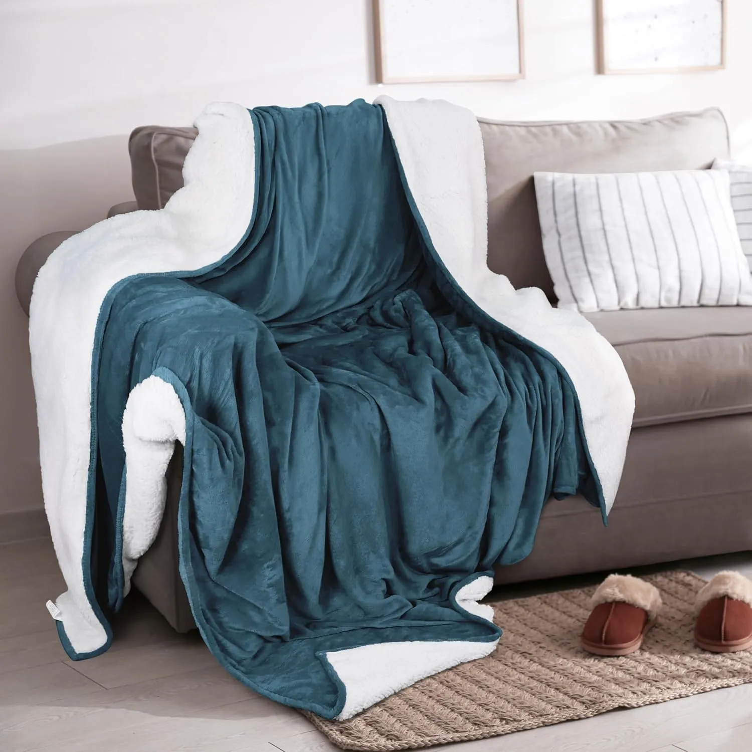 Utopia Bedding Sherpa Blanket Queen Size (Stone Blue, 90x90 Inches) - Soft Lightweight Plush Fleece Reversible Blanket for Bed, Sofa, Couch, Camping and Travel