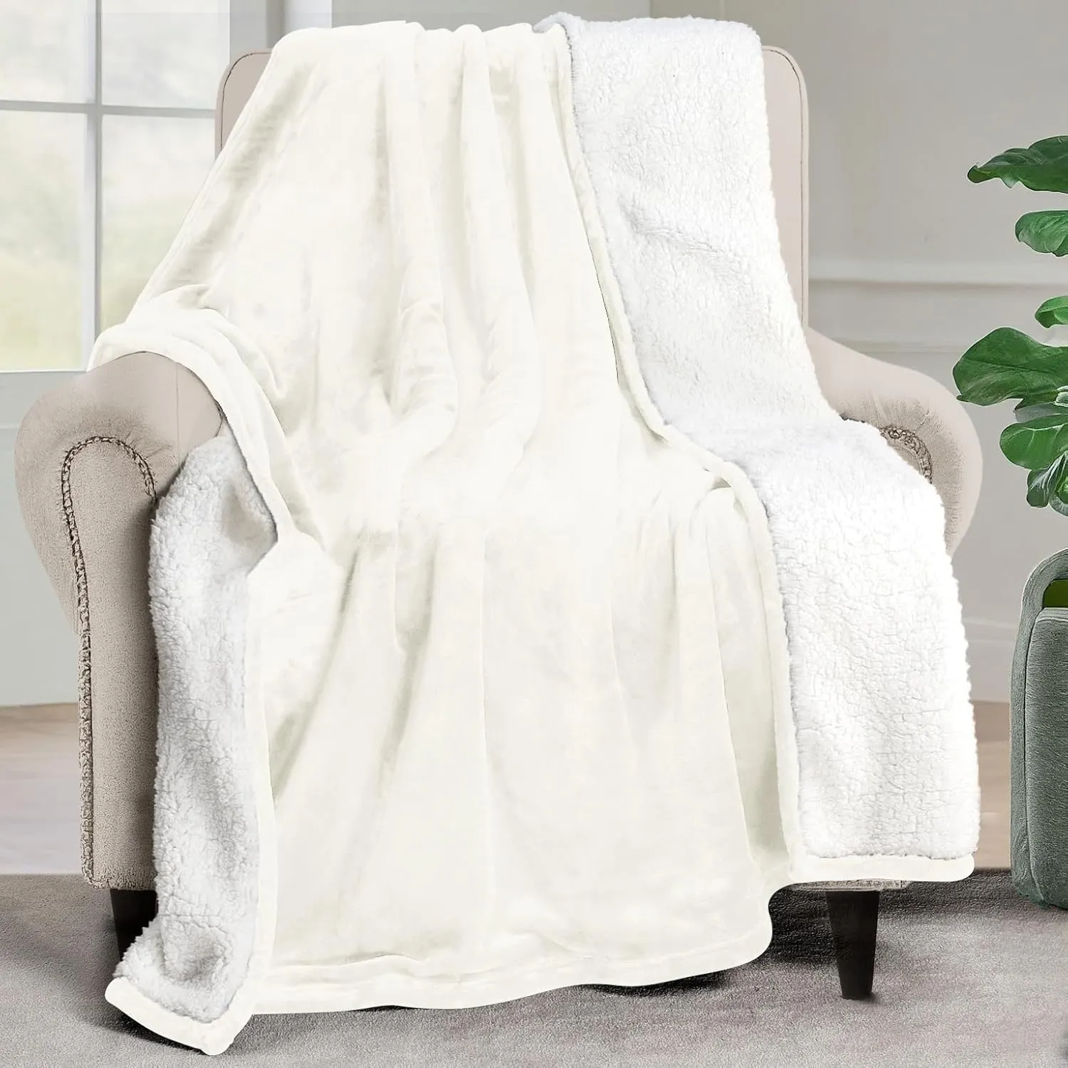 Utopia Bedding Sherpa Blanket Throw Size (Ivory, 50x60 Inches) - Soft Lightweight Plush Fleece Reversible Blanket for Bed, Sofa, Couch, Camping and Travel