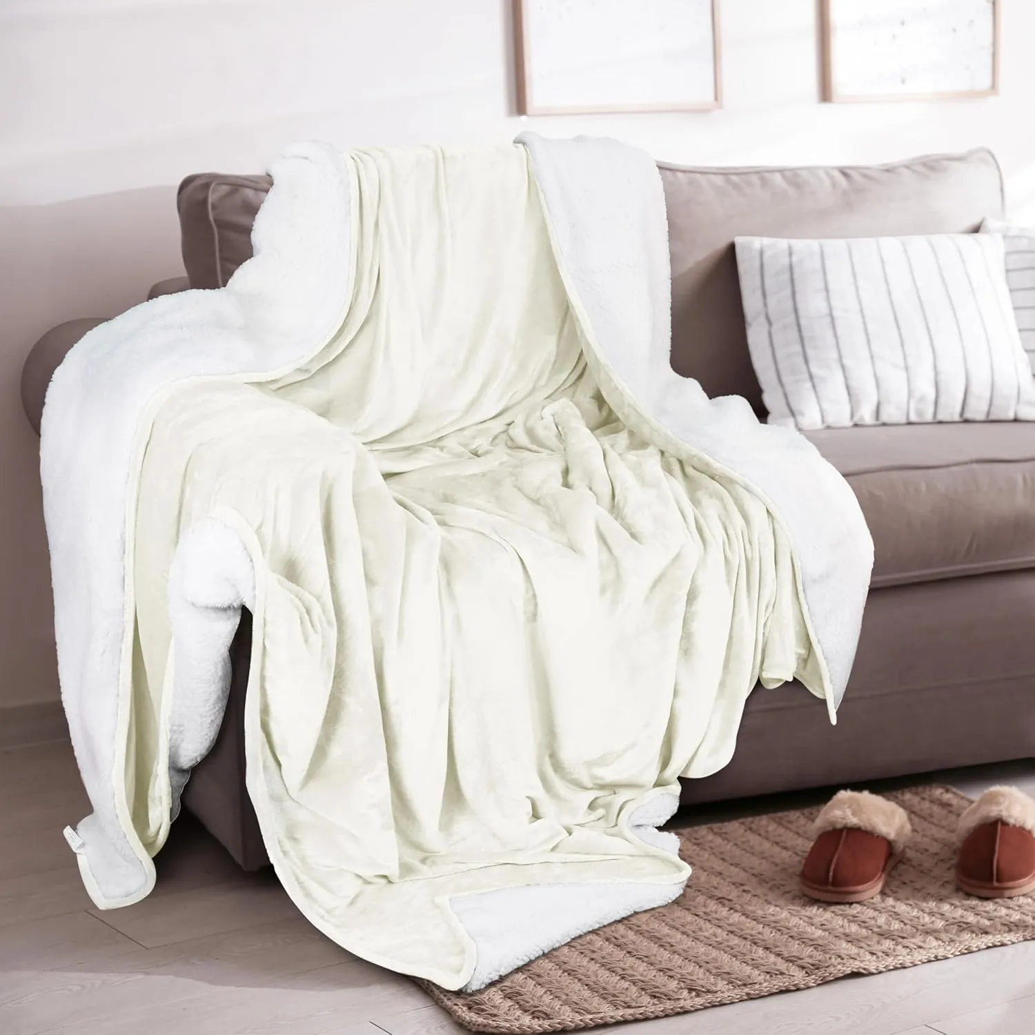 Utopia Bedding Sherpa Blanket Throw Size (Ivory, 50x60 Inches) - Soft Lightweight Plush Fleece Reversible Blanket for Bed, Sofa, Couch, Camping and Travel