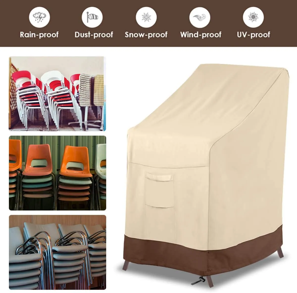 Vailge Stackable Patio Chair Cover,100% Waterproof Outdoor Chair Cover, Heavy Duty Lawn Patio Furniture Covers,Fits for 4-6 Stackable Dining Chairs,36" Lx28 Wx47 H,Beige&Brown