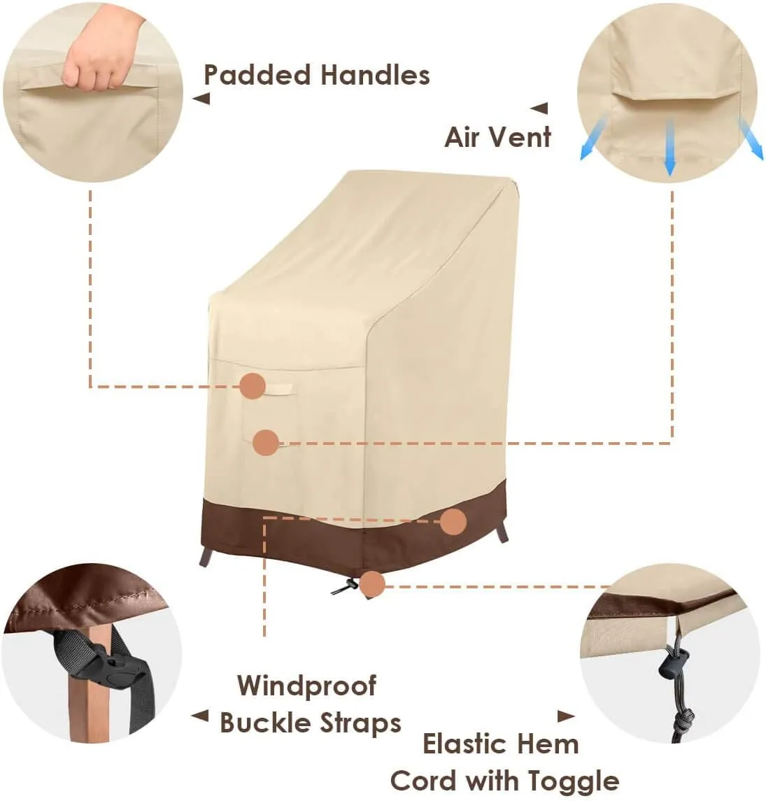 Vailge Stackable Patio Chair Cover,100% Waterproof Outdoor Chair Cover, Heavy Duty Lawn Patio Furniture Covers,Fits for 4-6 Stackable Dining Chairs,36" Lx28 Wx47 H,Beige&Brown