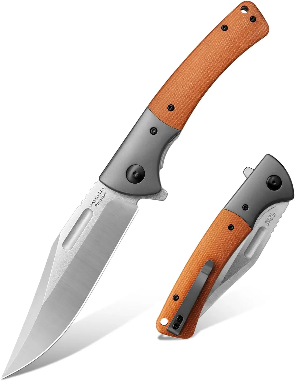 VALHALLA PTEROSAUR EDC Pocket Folding Knife, 3.9" D2 Steel Blade with Micarta Handle, Tactical Folding Knife for men, Cool Pocket Knife for Camping,Hunting, Bushcarft, Gifts for Men and women (BROWM)
