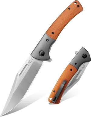 VALHALLA PTEROSAUR EDC Pocket Folding Knife, 3.9" D2 Steel Blade with Micarta Handle, Tactical Folding Knife for men, Cool Pocket Knife for Camping,Hunting, Bushcarft, Gifts for Men and women (BROWM)