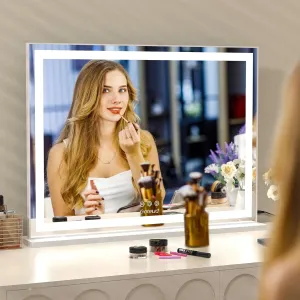Vanity Mirror, 30.7x22.7in, Aluminum Frame, Dimmable 3 Modes LED, Smart Touch, 10x Magnification, USB Charging, Tabletop Mount