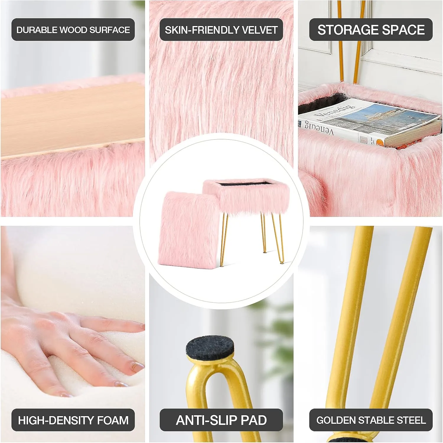 Vanity Stool Chair, Faux Fur Vanity Seat Ottoman, Soft Furry Makeup Stool, Compact Padded Seat, Modern Decorative Foot Rest with 4 Metal Legs, Pink