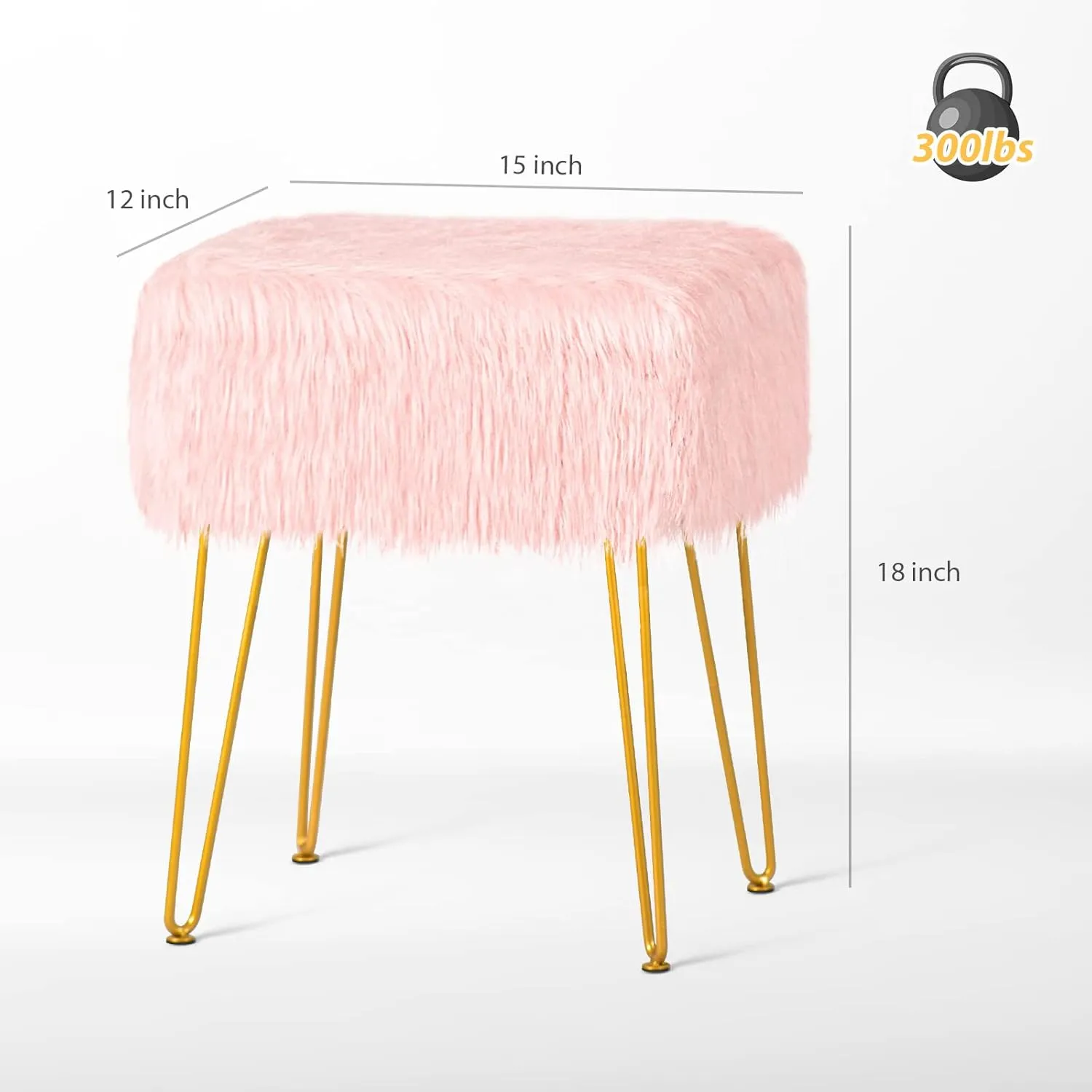 Vanity Stool Chair, Faux Fur Vanity Seat Ottoman, Soft Furry Makeup Stool, Compact Padded Seat, Modern Decorative Foot Rest with 4 Metal Legs, Pink