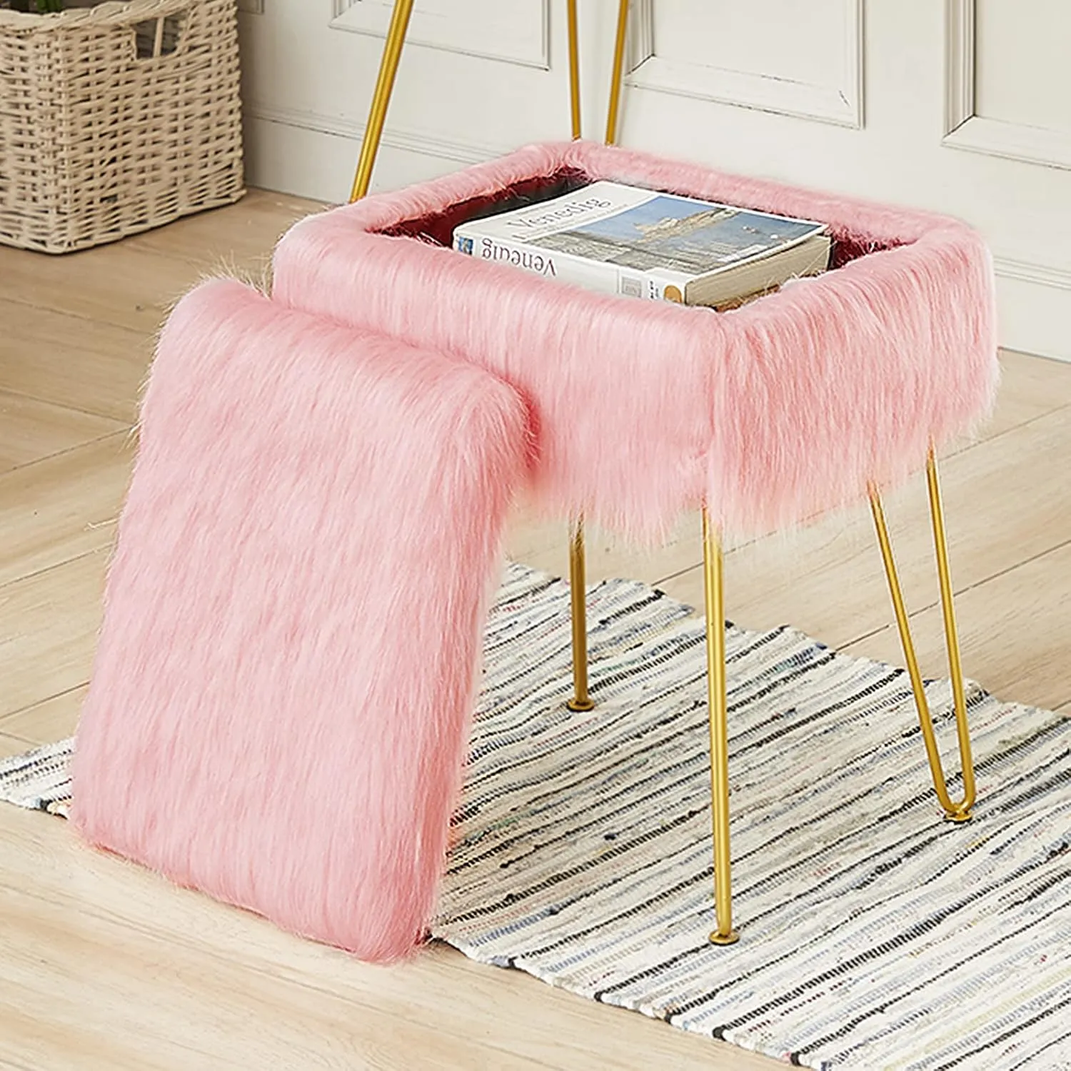 Vanity Stool Chair, Faux Fur Vanity Seat Ottoman, Soft Furry Makeup Stool, Compact Padded Seat, Modern Decorative Foot Rest with 4 Metal Legs, Pink