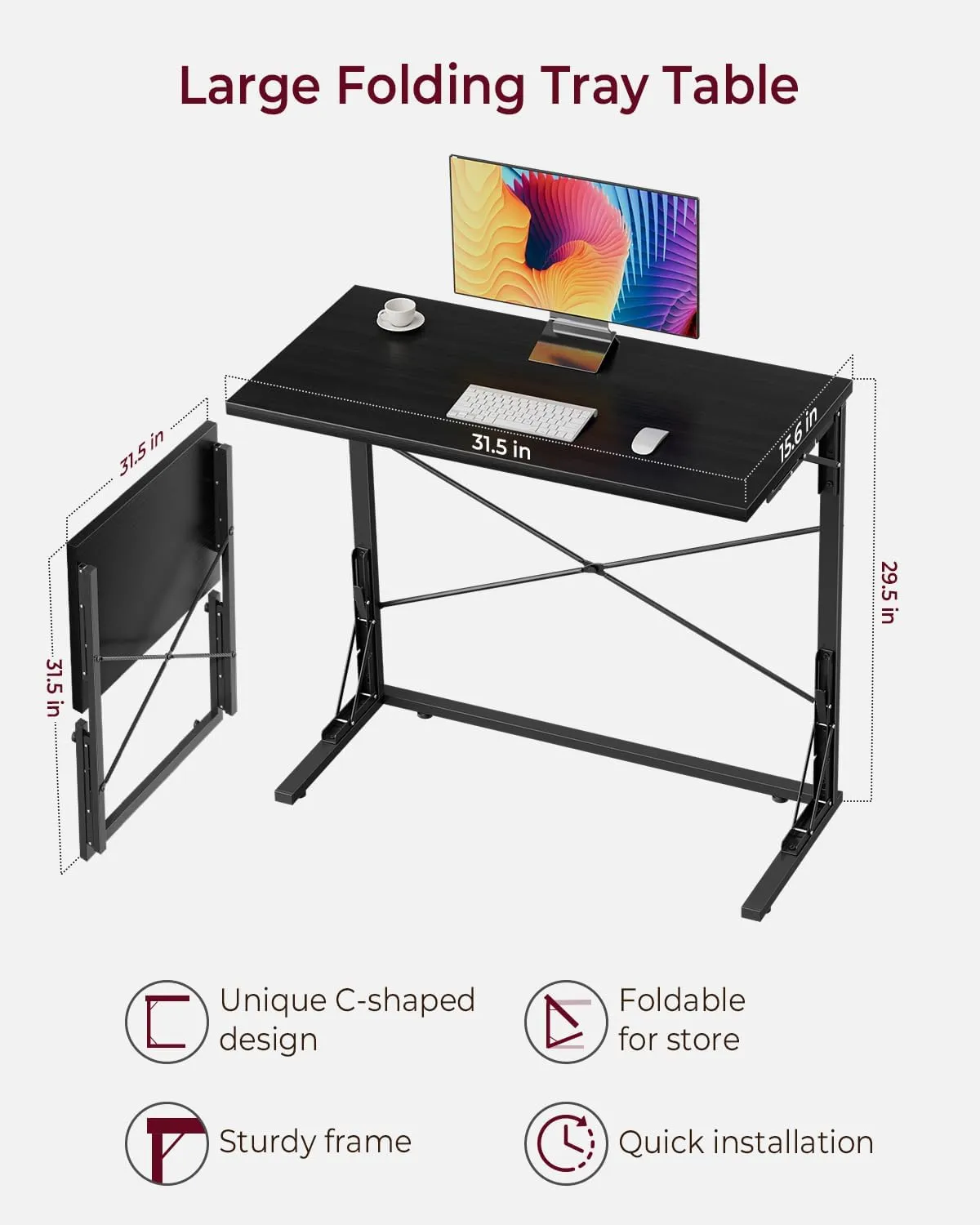 Vantic 31.5" Folding Desk, Foldable TV Tray Table for Eating on Couch, Extra Large TV Dinner Trays, Portable Fold Computer Writing Desk Table for Home Office, Black