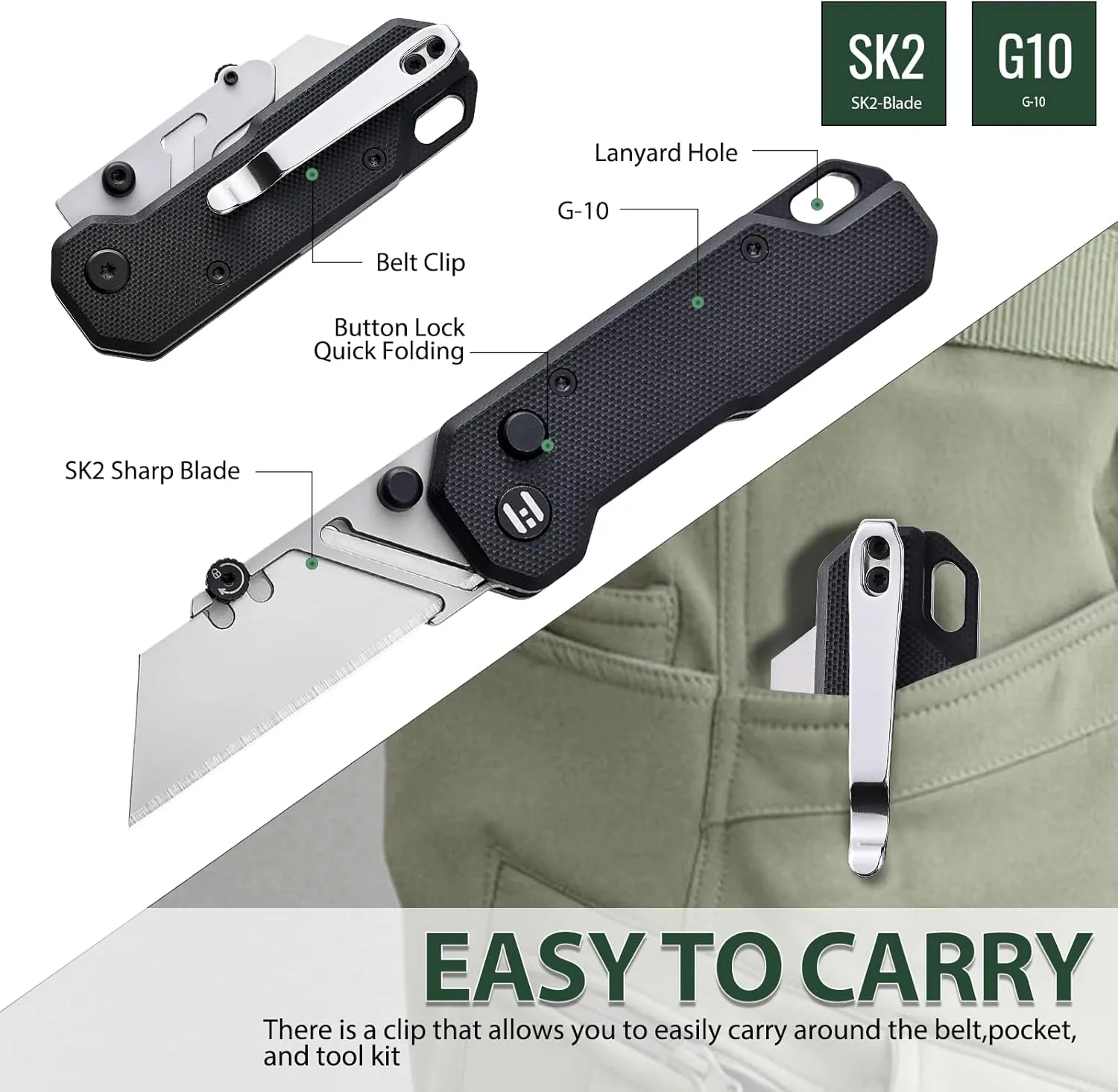 Vectron Folding Utility Knife with Extra 10Pcs SK2 Blades, EDC Box Cutters for Home, Office, Warehouse, Durable Razor Knife,Box Opener,Small Box Cutter with Belt/Pocket Clip, Black