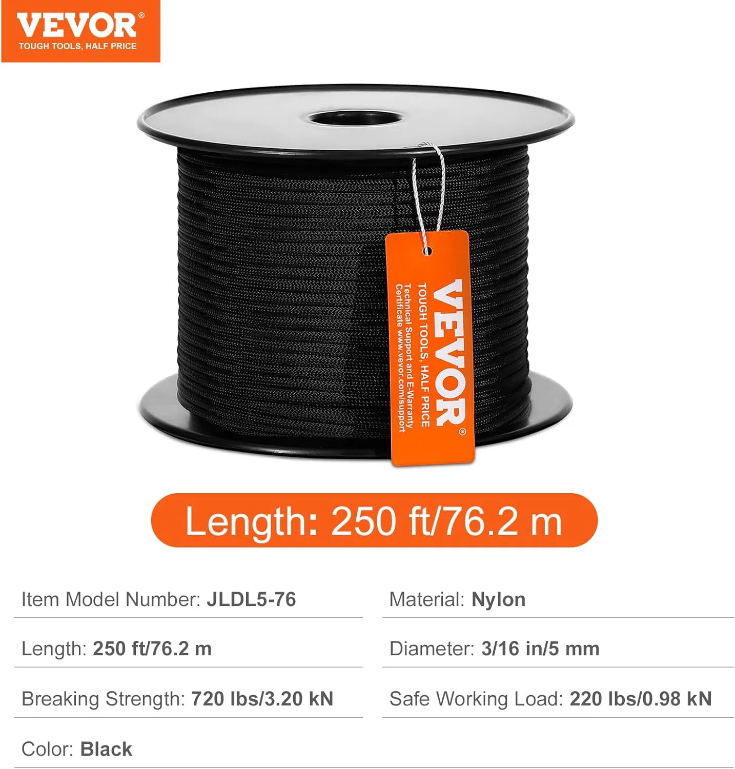 VEVOR Braided Nylon Rope, 3/16 in x 250 ft, 32 Strands, 720 LBS Breaking Strength Outdoor Climbing Rope, Arborist Tree Climbing Rigging Rope for Rock Hiking Camping Swing Rappelling Rescue, Black