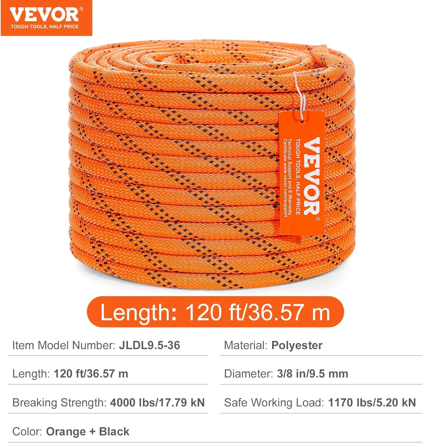 VEVOR Double Braided Polyester Rope, 3/8 in x 120 ft, 48 Strands, 4000 LBS Breaking Strength Outdoor Climbing Rope, Arborist Rigging Rope for Rock Hiking Camping Swing Rappelling Rescue, Orange/Black