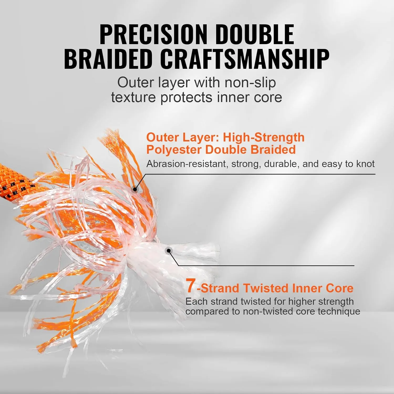 VEVOR Double Braided Polyester Rope, 3/8 in x 120 ft, 48 Strands, 4000 LBS Breaking Strength Outdoor Climbing Rope, Arborist Rigging Rope for Rock Hiking Camping Swing Rappelling Rescue, Orange/Black