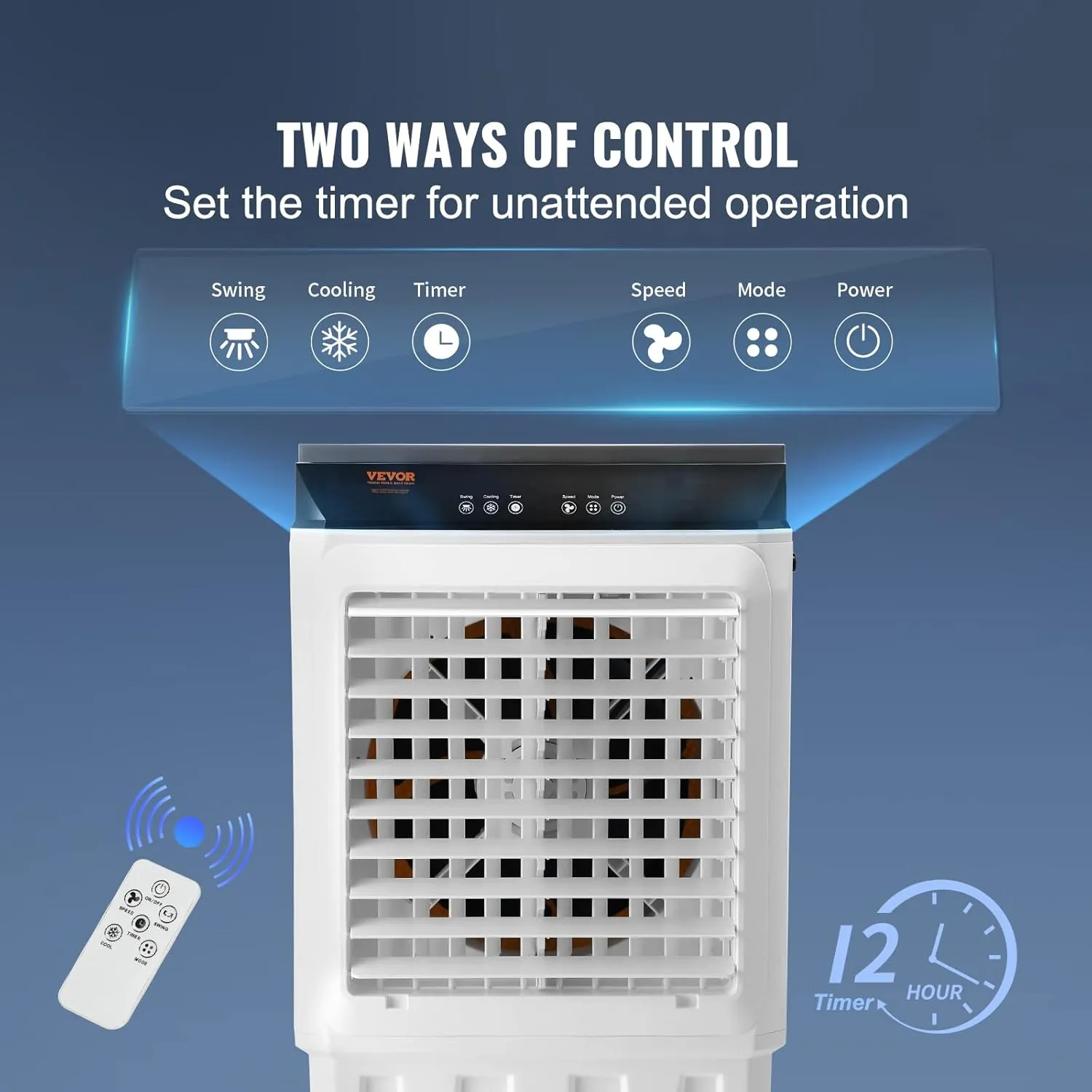 VEVOR Evaporative Air Cooler,120W 2100CFM Swamp Cooler with 7 Gal Water Tank,12H Timer,3 Modes & Speeds and Humidifying Portable 3-IN-1 Cooling Fan,Remote Control,Use for 750 Sq.Ft Indoor or Outdoor