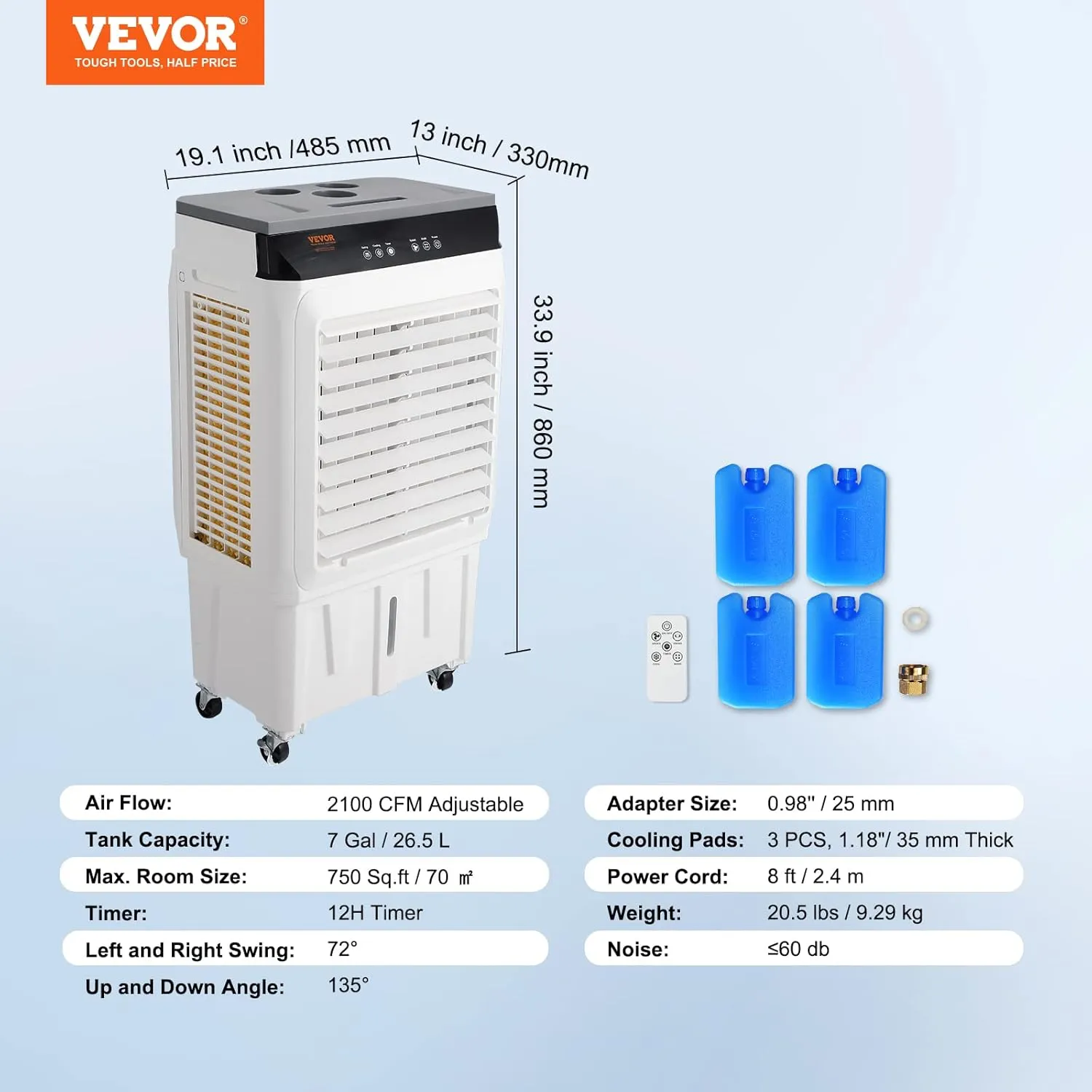 VEVOR Evaporative Air Cooler,120W 2100CFM Swamp Cooler with 7 Gal Water Tank,12H Timer,3 Modes & Speeds and Humidifying Portable 3-IN-1 Cooling Fan,Remote Control,Use for 750 Sq.Ft Indoor or Outdoor