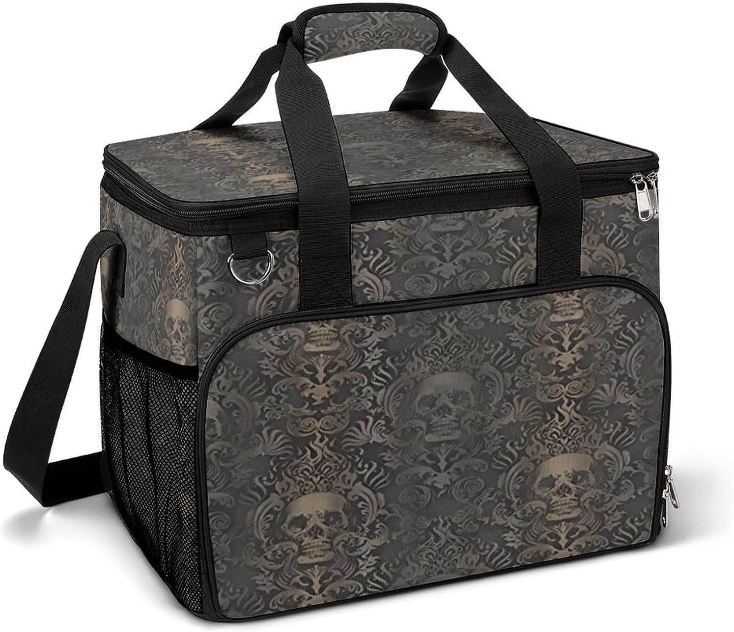 Victorian Gothic Gold Skull Damask Cooler Bag, Collapsible Soft Sided Cooler, Large Leakproof Camping Cooler, Portable Travel Cooler for Camping, Road Trips
