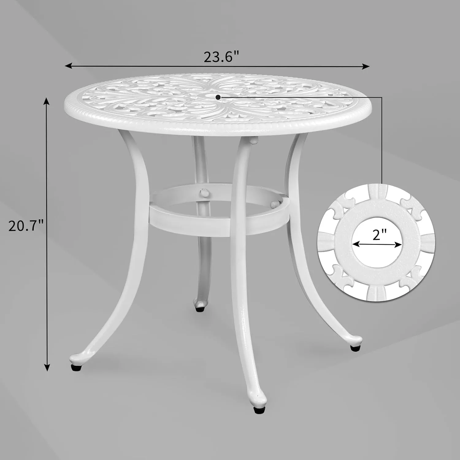 VINGLI 23.6" Cast Aluminum Side Table with Umbrella Hole - All Weather Round Patio Coffee Bistro End Table (White)