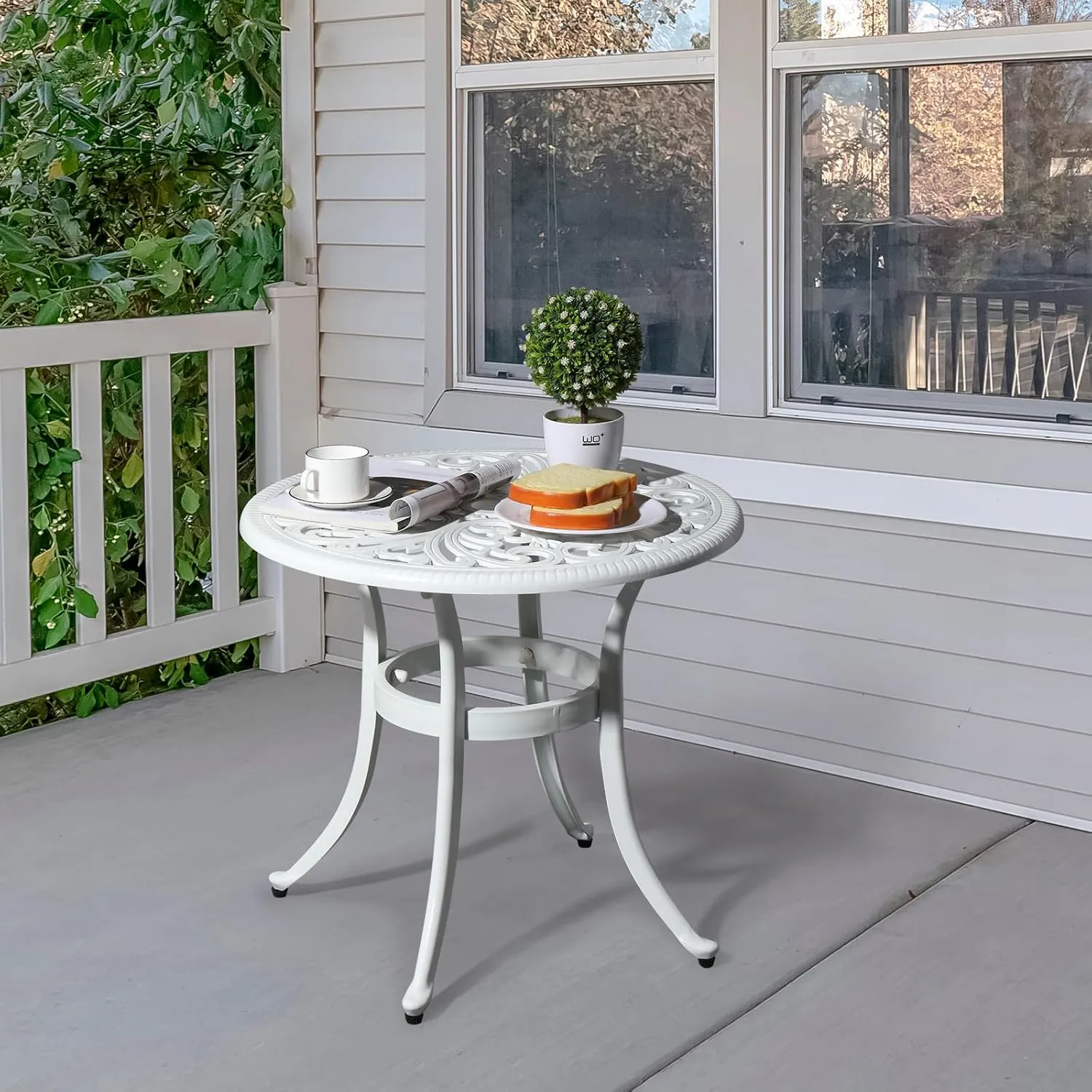 VINGLI 23.6" Cast Aluminum Side Table with Umbrella Hole - All Weather Round Patio Coffee Bistro End Table (White)