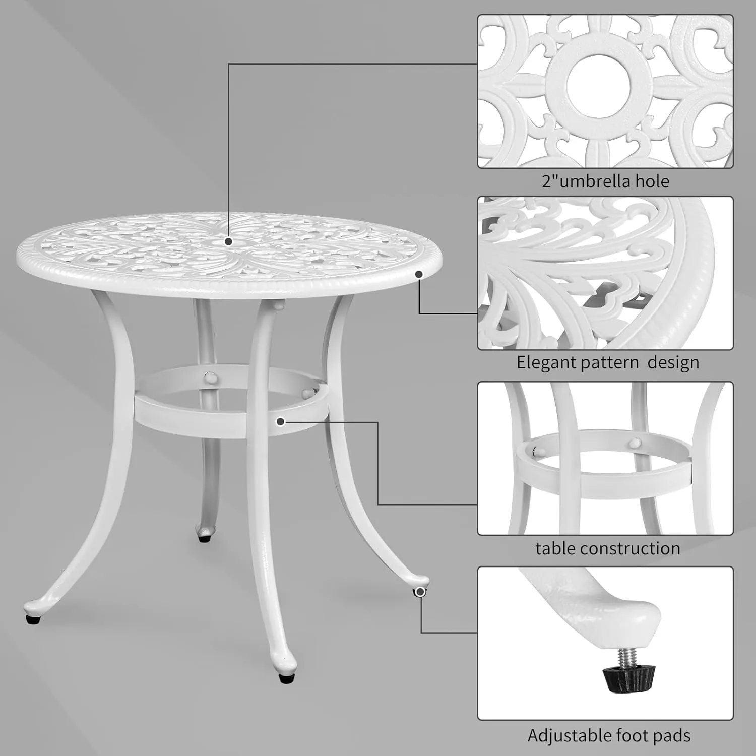 VINGLI 23.6" Cast Aluminum Side Table with Umbrella Hole - All Weather Round Patio Coffee Bistro End Table (White)