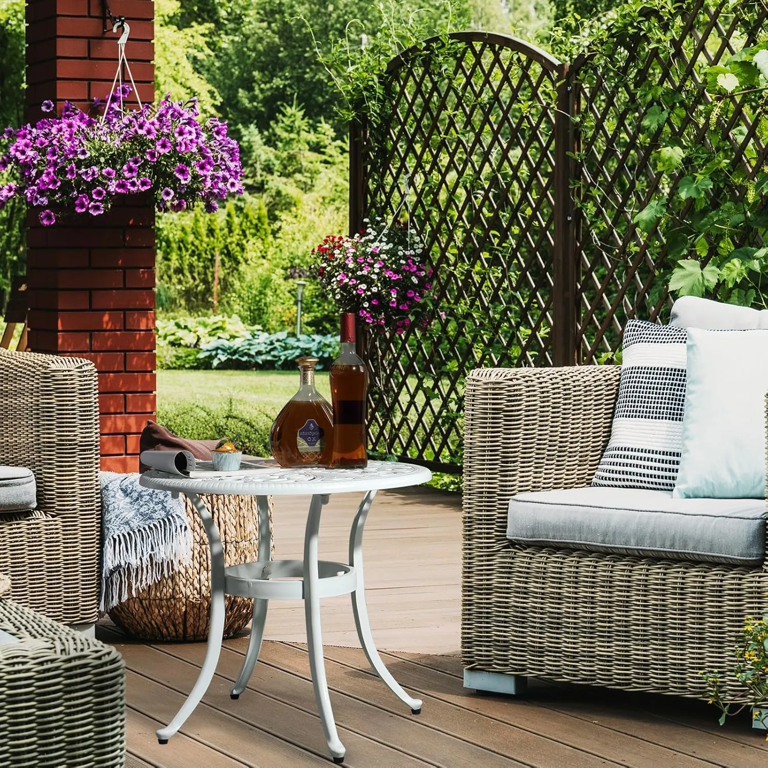 VINGLI 23.6" Cast Aluminum Side Table with Umbrella Hole - All Weather Round Patio Coffee Bistro End Table (White)