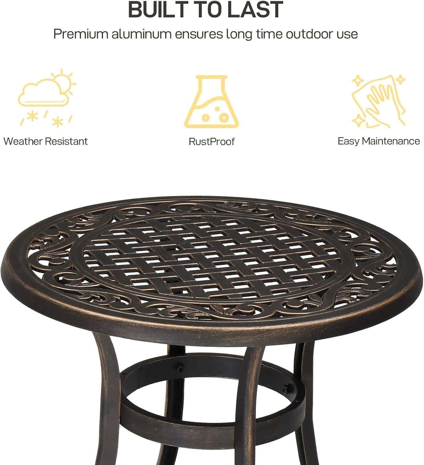 VINGLI 24” Cast Aluminum Outdoor Side Table, All Weather Round Patio Coffee Table Porch Table Outdoor Bistro Table Outdoor End Table Bronze