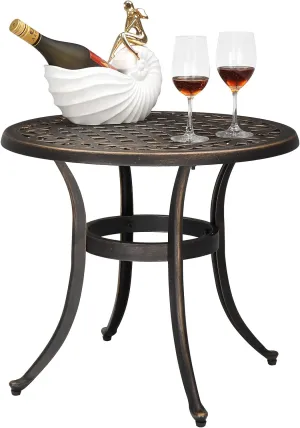 VINGLI 24” Cast Aluminum Outdoor Side Table, All Weather Round Patio Coffee Table Porch Table Outdoor Bistro Table Outdoor End Table Bronze