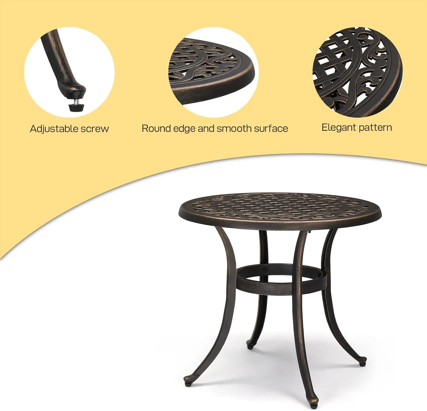 VINGLI 24” Cast Aluminum Outdoor Side Table, All Weather Round Patio Coffee Table Porch Table Outdoor Bistro Table Outdoor End Table Bronze
