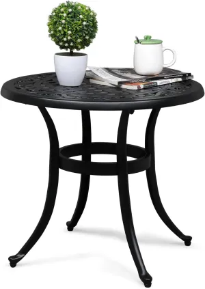 VINGLI 24” Cast Aluminum Outdoor Side Table, All Weather Round Patio Side Table End Table for Porch Backyard Balcony Outside (Black)