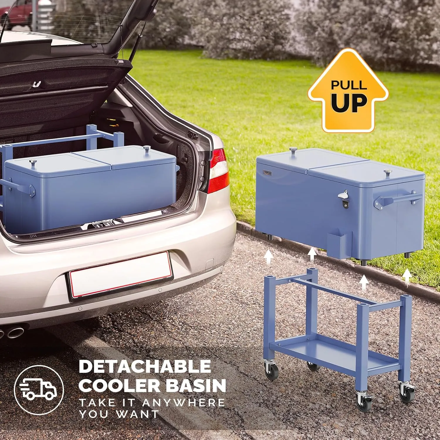VINGLI 80 Quart Rolling Ice Chest, Portable Patio Party Bar Drink Cooler Cart, with Shelf, Beverage Pool with Bottle Opener