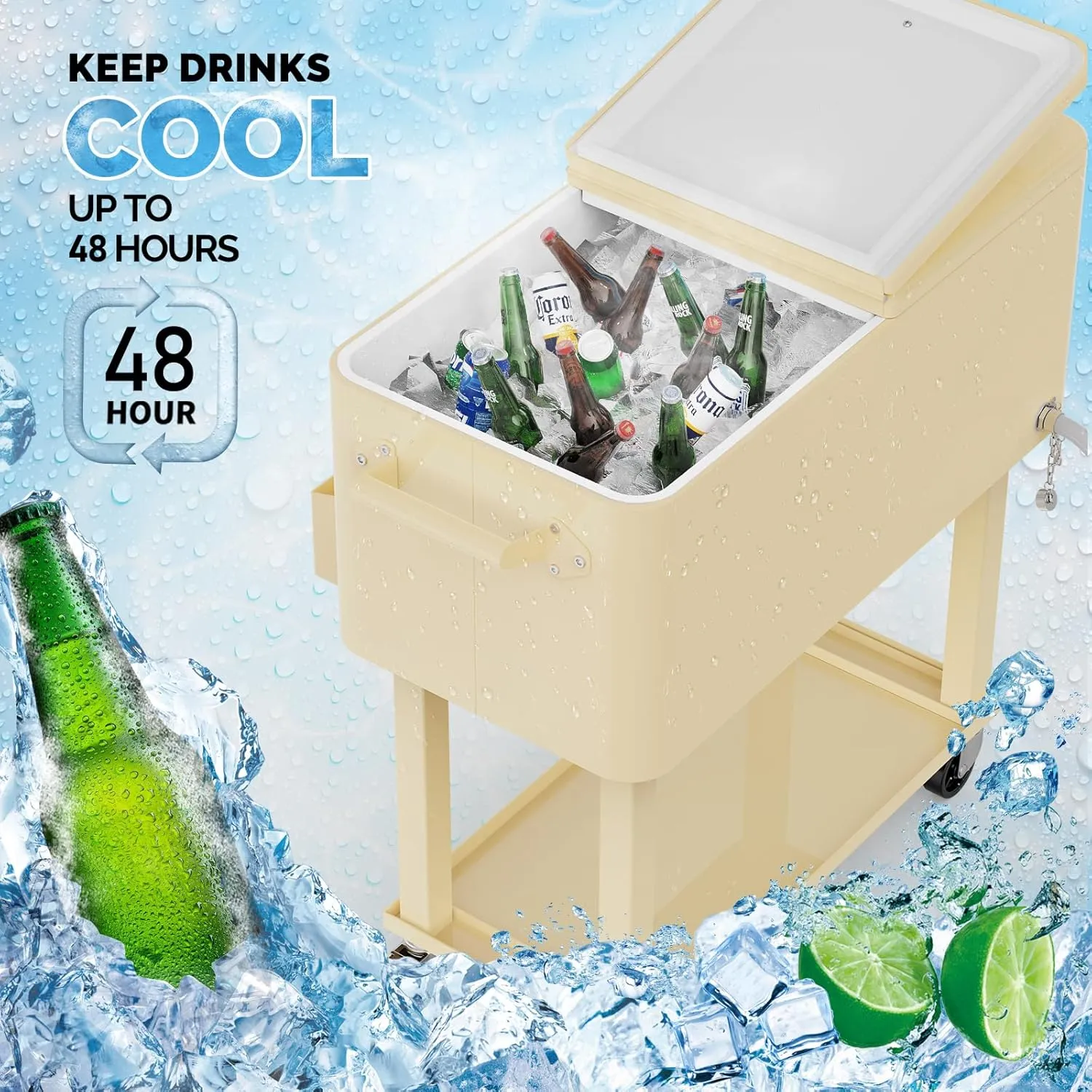 VINGLI 80 Quart Rolling Ice Chest, Portable Patio Party Bar Drink Cooler Cart, with Shelf, Beverage Pool with Bottle Opener