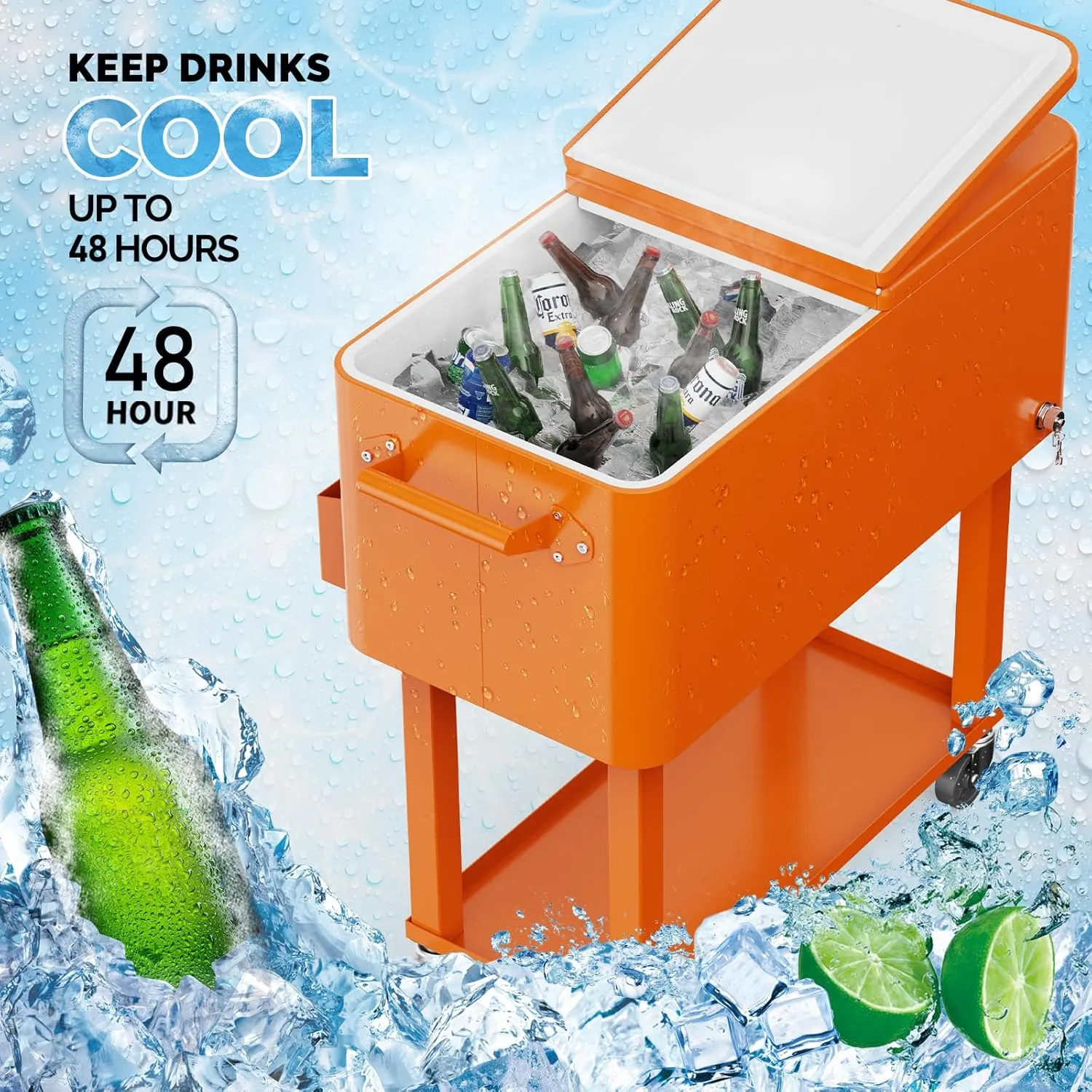 VINGLI 80 Quart Rolling Ice Chest, Portable Patio Party Bar Drink Cooler Cart, with Shelf, Beverage Pool with Bottle Opener