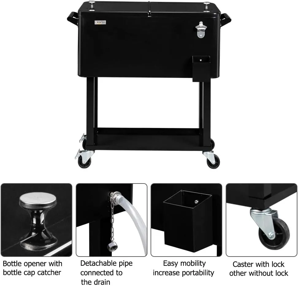 VINGLI 80 Quart Rolling Ice Chest, Portable Patio Party Bar Drink Cooler Cart, with Shelf, Beverage Pool with Bottle Opener