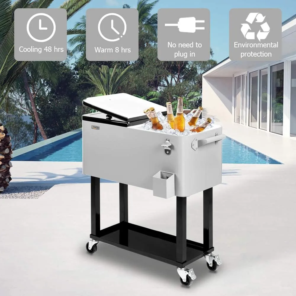 VINGLI 80 Quart Rolling Ice Chest, Portable Patio Party Bar Drink Cooler Cart, with Shelf, Beverage Pool with Bottle Opener