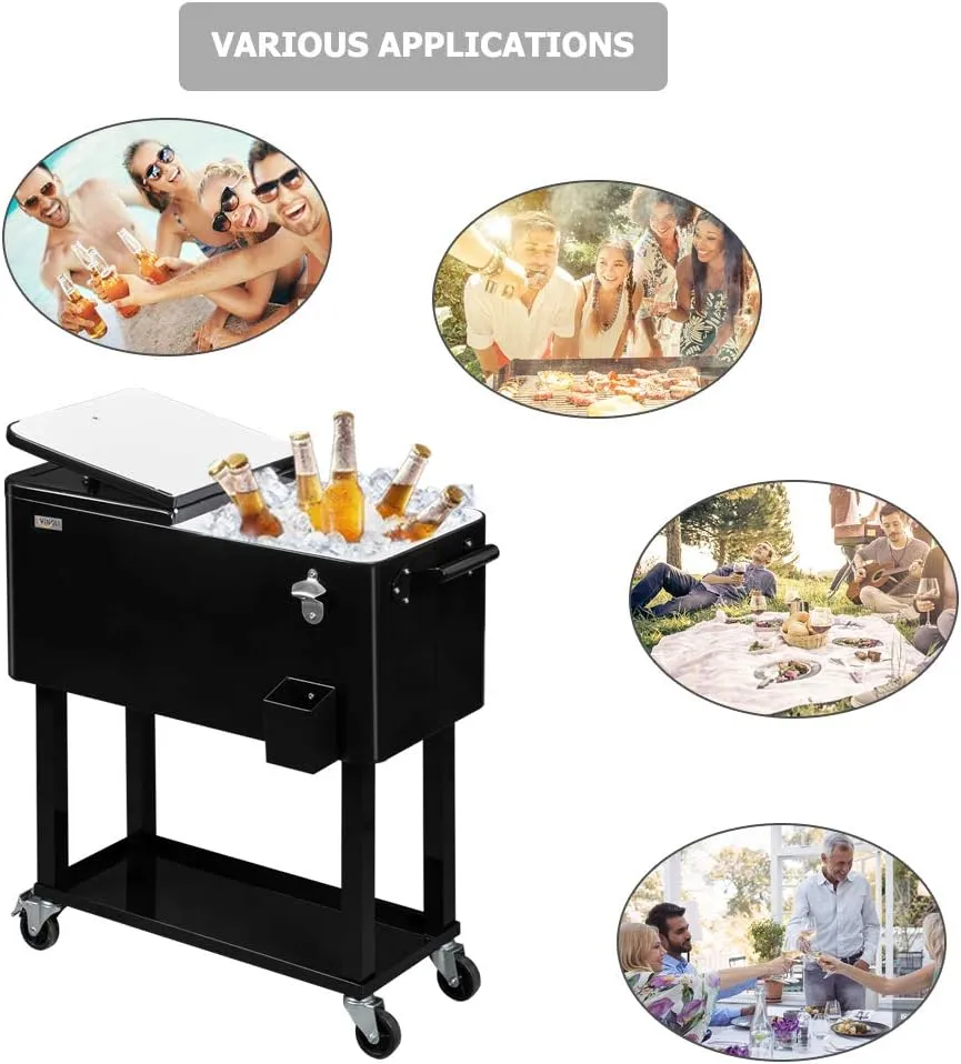 VINGLI 80 Quart Rolling Ice Chest, Portable Patio Party Bar Drink Cooler Cart, with Shelf, Beverage Pool with Bottle Opener