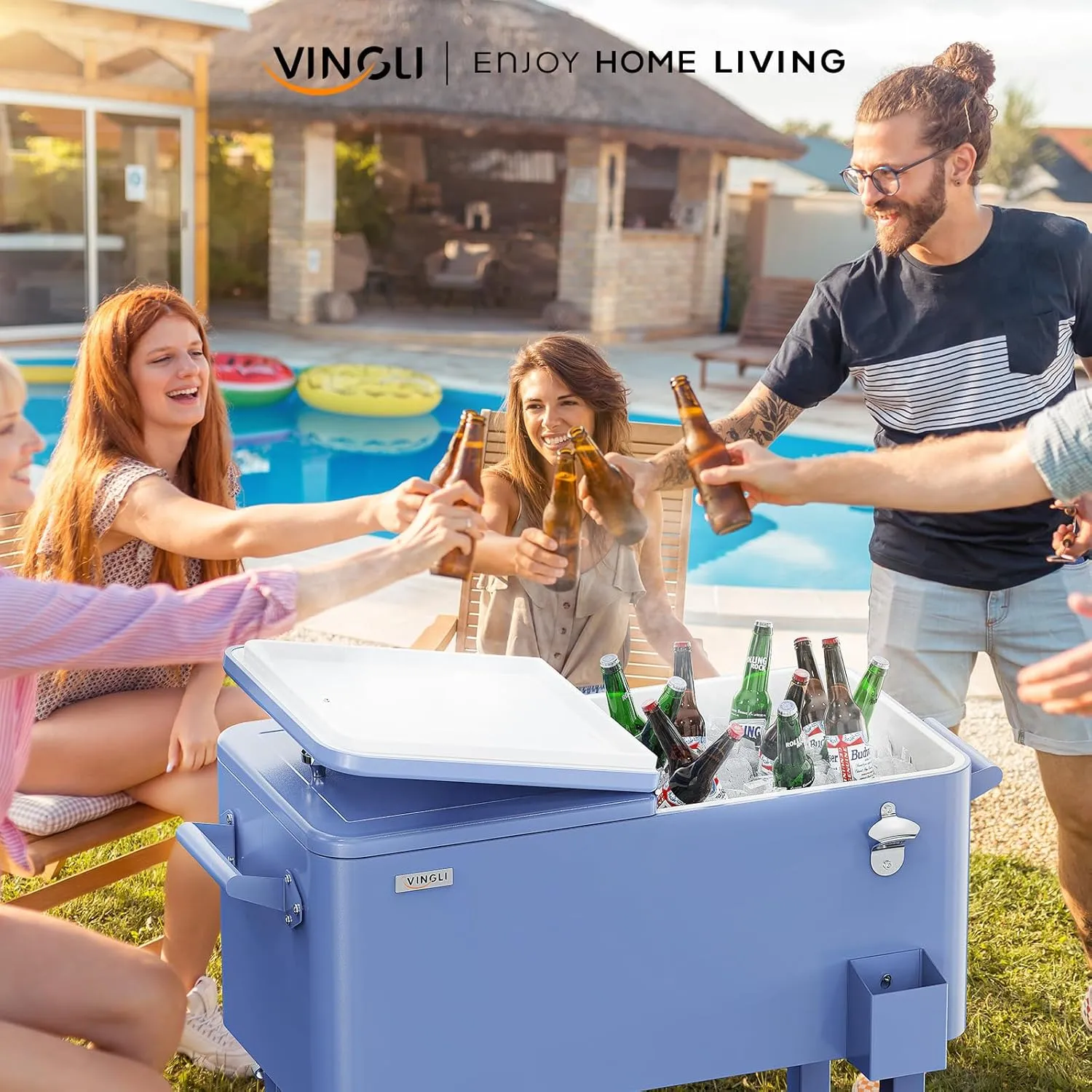 VINGLI 80 Quart Rolling Ice Chest, Portable Patio Party Bar Drink Cooler Cart, with Shelf, Beverage Pool with Bottle Opener