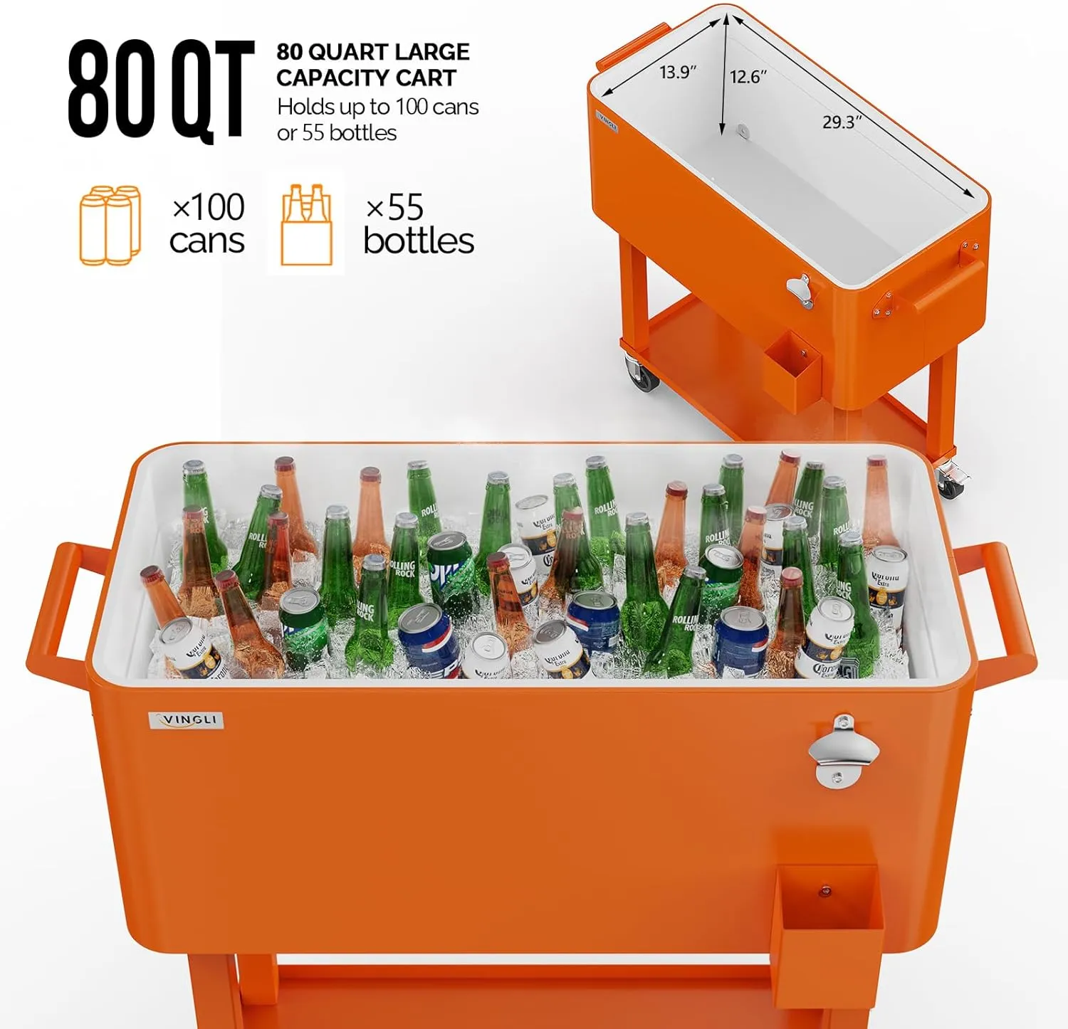 VINGLI 80 Quart Rolling Ice Chest, Portable Patio Party Bar Drink Cooler Cart, with Shelf, Beverage Pool with Bottle Opener
