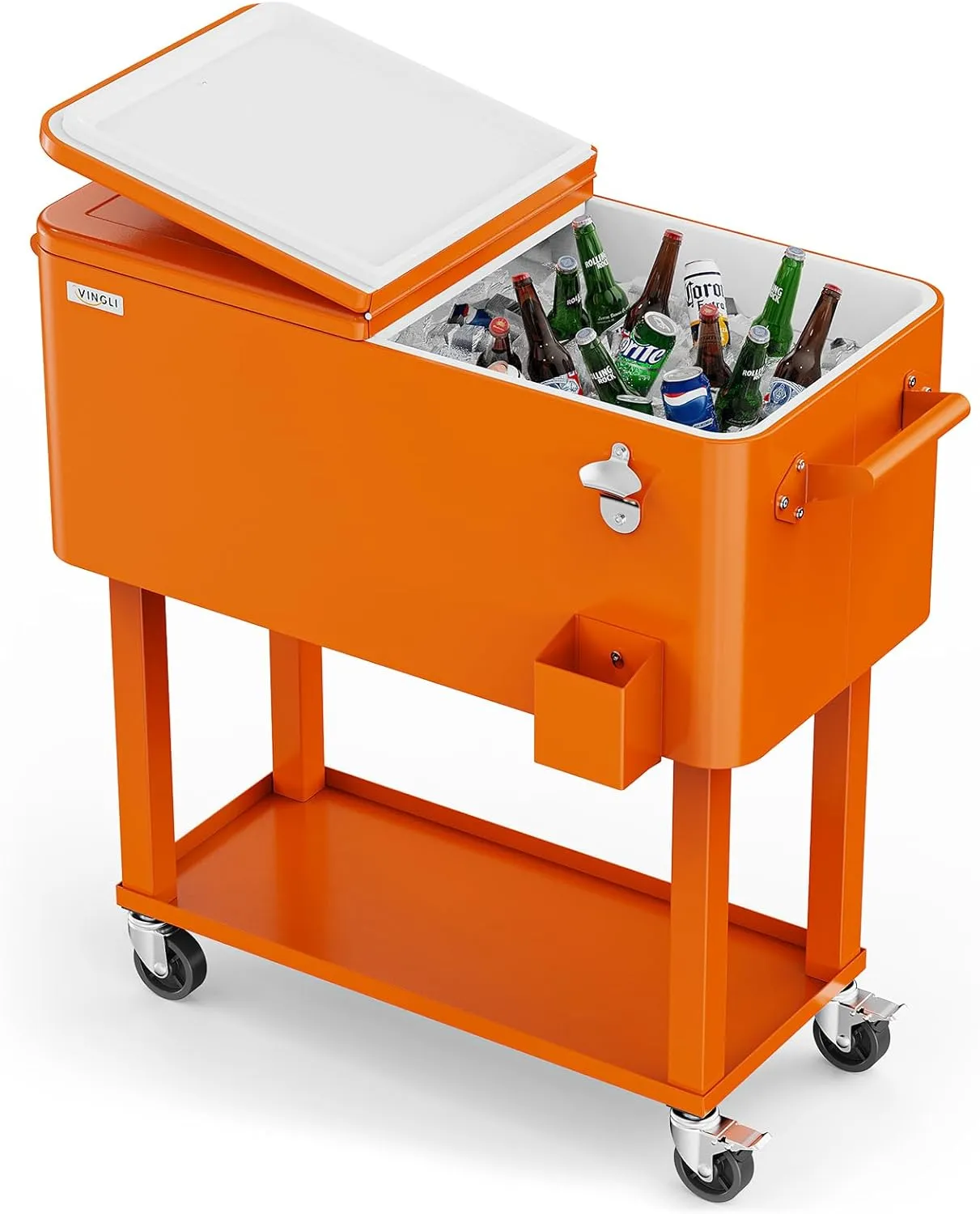 VINGLI 80 Quart Rolling Ice Chest, Portable Patio Party Bar Drink Cooler Cart, with Shelf, Beverage Pool with Bottle Opener