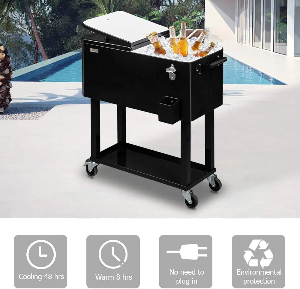 VINGLI 80 Quart Rolling Ice Chest, Portable Patio Party Bar Drink Cooler Cart, with Shelf, Beverage Pool with Bottle Opener